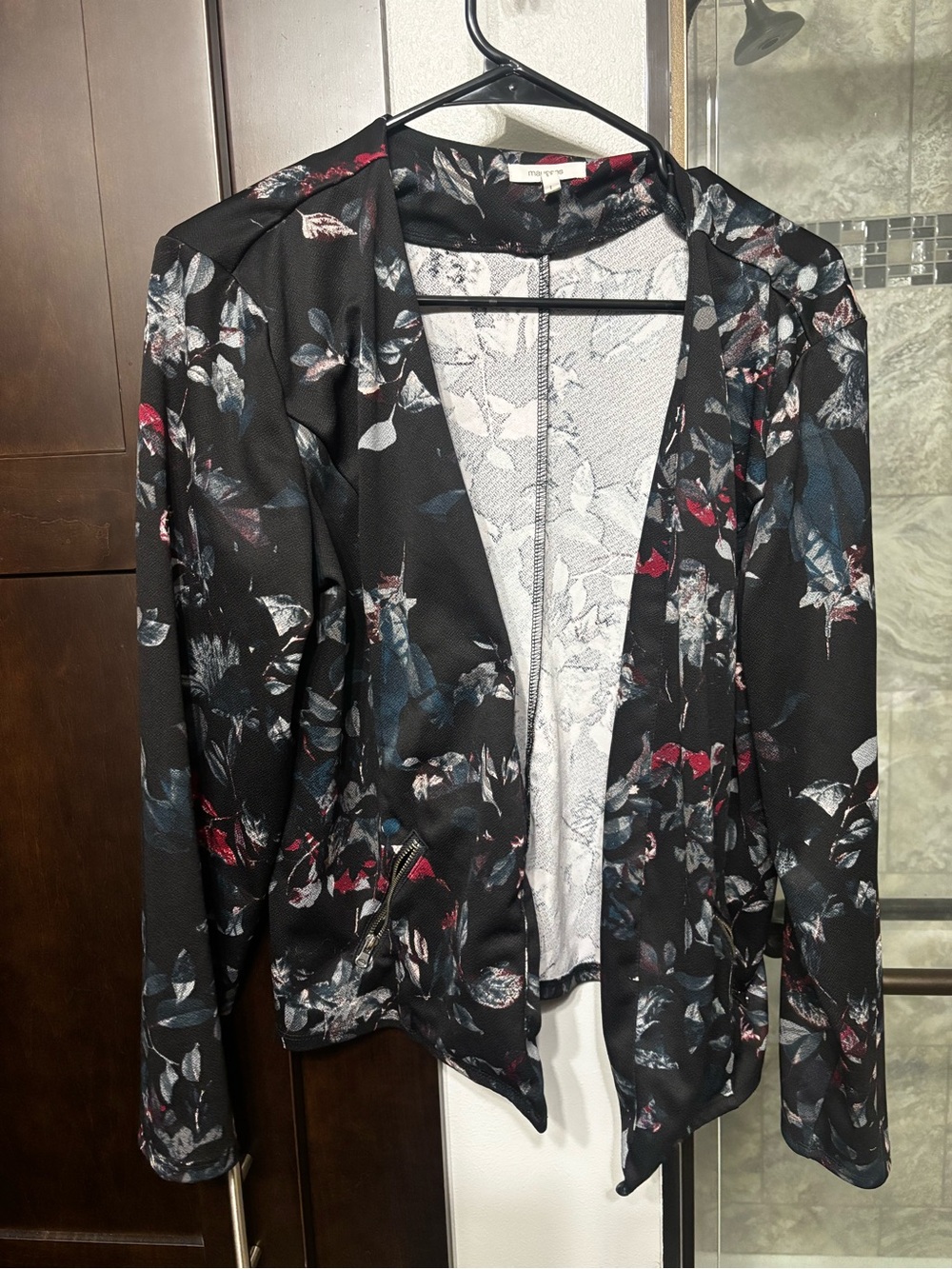 Maurices Black Floral Open-Front Blazer with Red & Blue Accents